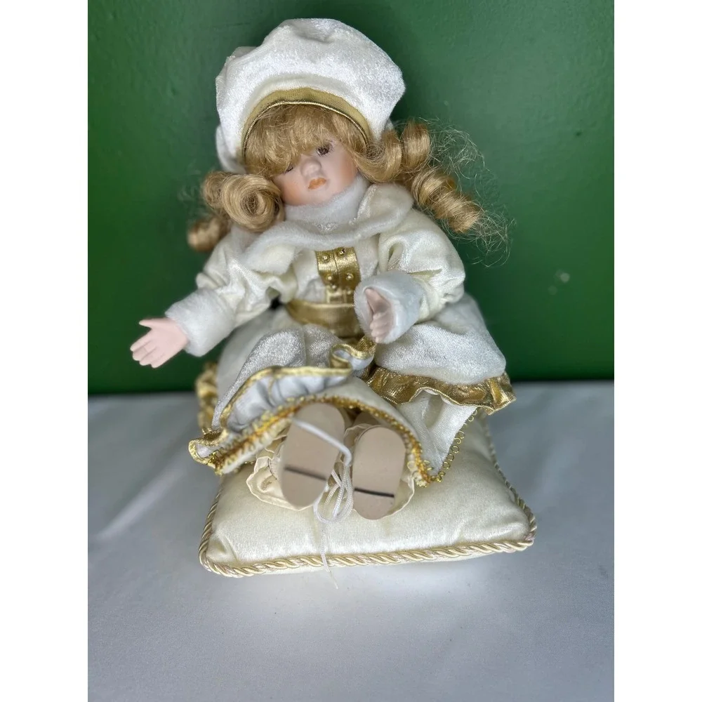 Vintage Musical Porcelain Doll on Pillow White Gold Velvet Dress Wind Up Blonde